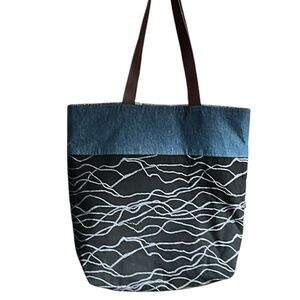 Three Bags Full Blue and Black Fabric Tote with Brown Leather Shoulder Straps